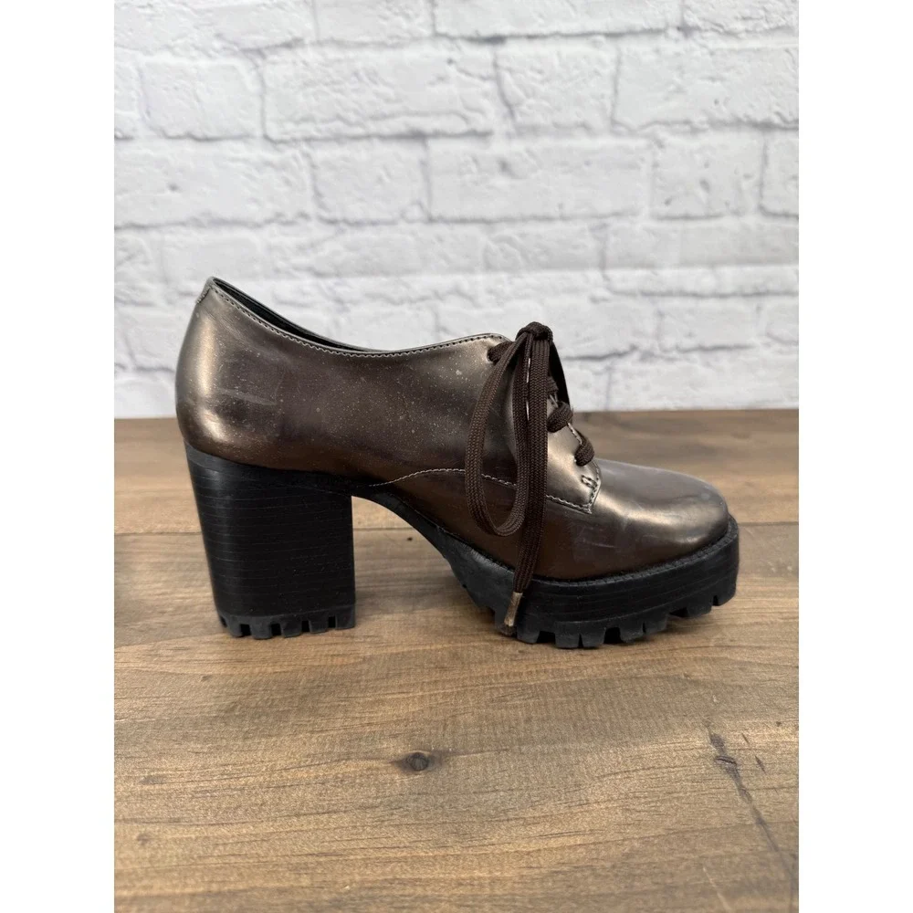 Schutz Metallic Platform Heels Womens 37 Bronze Lace Up Lug Sole Chunky Y2K